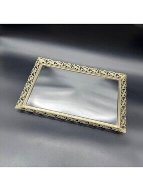 Vintage Vanity Tray Mirror Ornate Filigree Gold Tone 1970s Decorative Retro